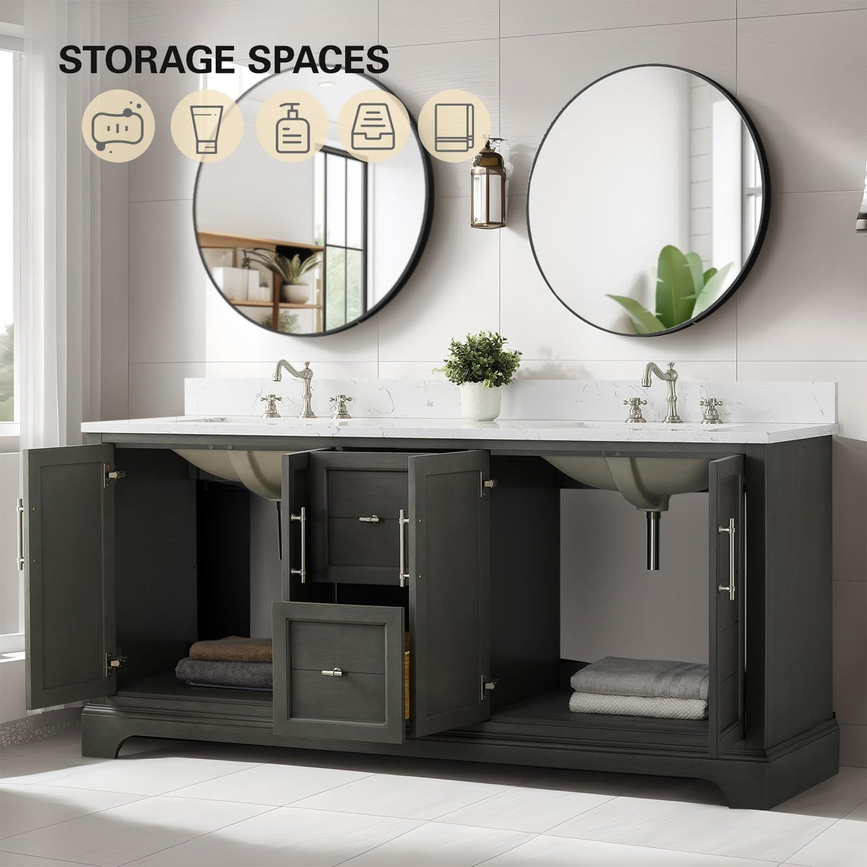 HOMEBEYOND 72 Inch Bathroom Vanity with Double Sink & Ceramic Top, Vanity Cabinet with Center Countertop Basin, Soft-Closing Doors, Backsplash, Sliver Grey HOMEBEYOND