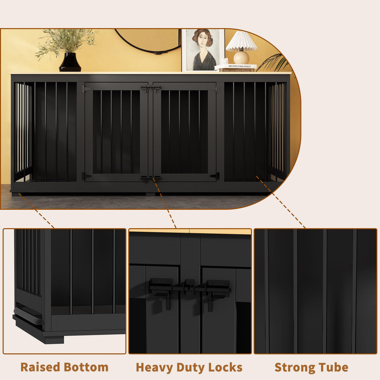 DAWNSPACES Double Dog Crates Furniture for Large Dogs, 71" Heavy Duty Wooden Kennel with Tray & Removable Divider for 2 Dogs, Indoor Furniture Style Dog Crate House TV Stand, Black DAWNSPACES