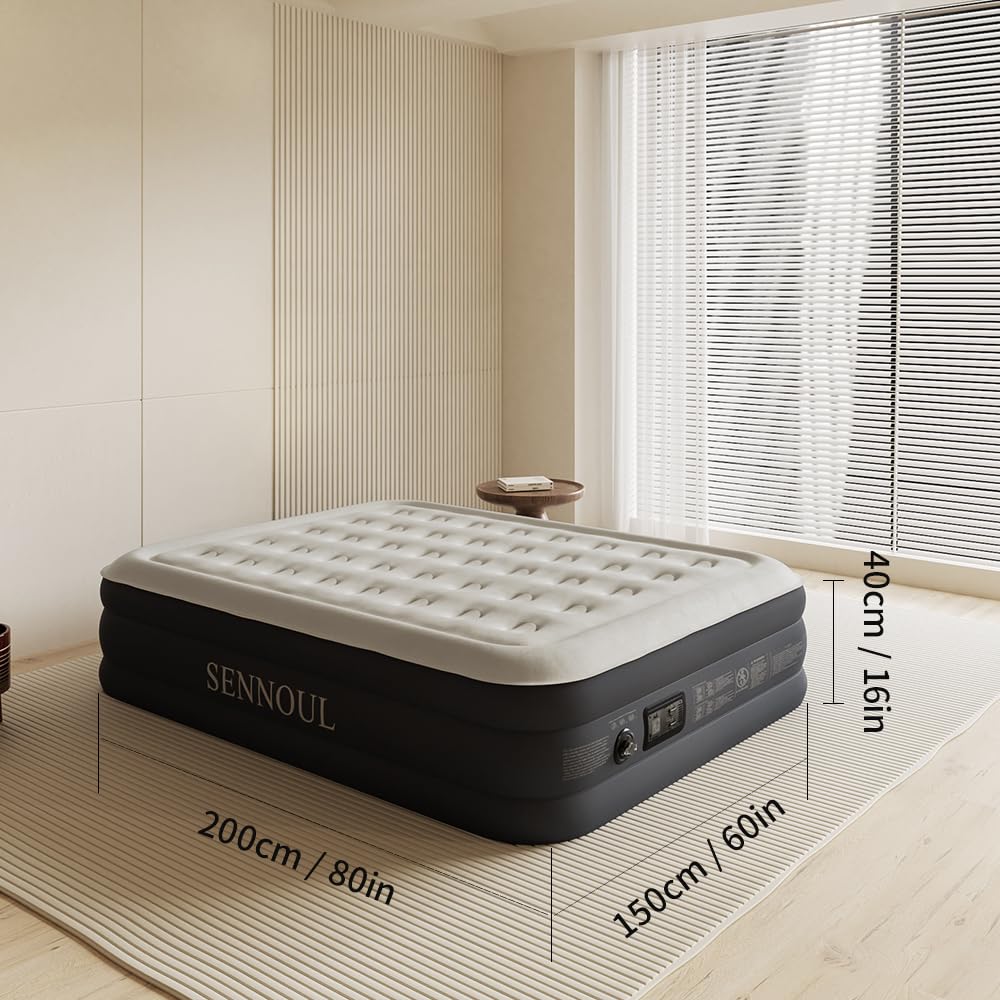 SENNOUL Air Mattress Queen with Built in Pump - 2 Mins Quick Self Inflatable,16"/650lbs Max Blow Up Bed, All Night Stability No Lost Air，No Peculiar Smell for Camping,Home,Guests & Portable Travel SENNOUL