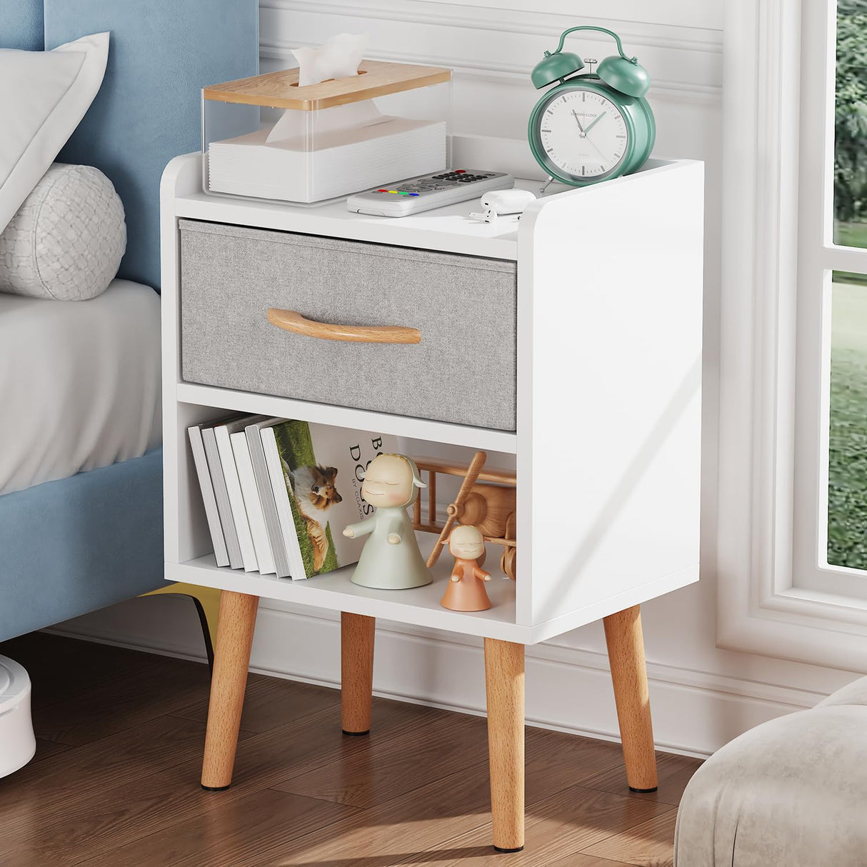 LUCKNOCK Night Stand with Drawer, Modern Nightstand, Bedside Tables, Mid Century Nightstands with Open Storage Shelf, Wood Bedside Table, Small Night Stands for Bedroom, 2-Tier Night Table, White. LUCKNOCK
