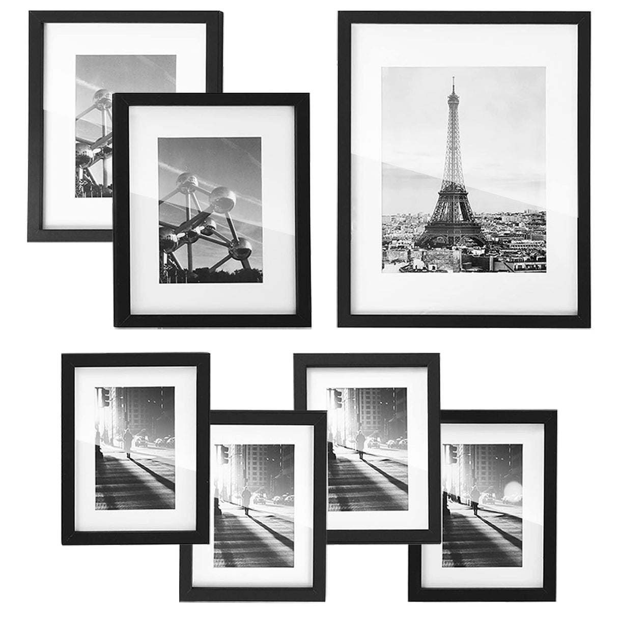 SONGMICS Gallery Wall Frame Set, Multi Picture Frames Set of 7, One 11x14, Two 8x10, Four 6x8 Collage Photo Frame with White Mat, Glass Front, Hanging or Tabletop Display, Black SONGMICS