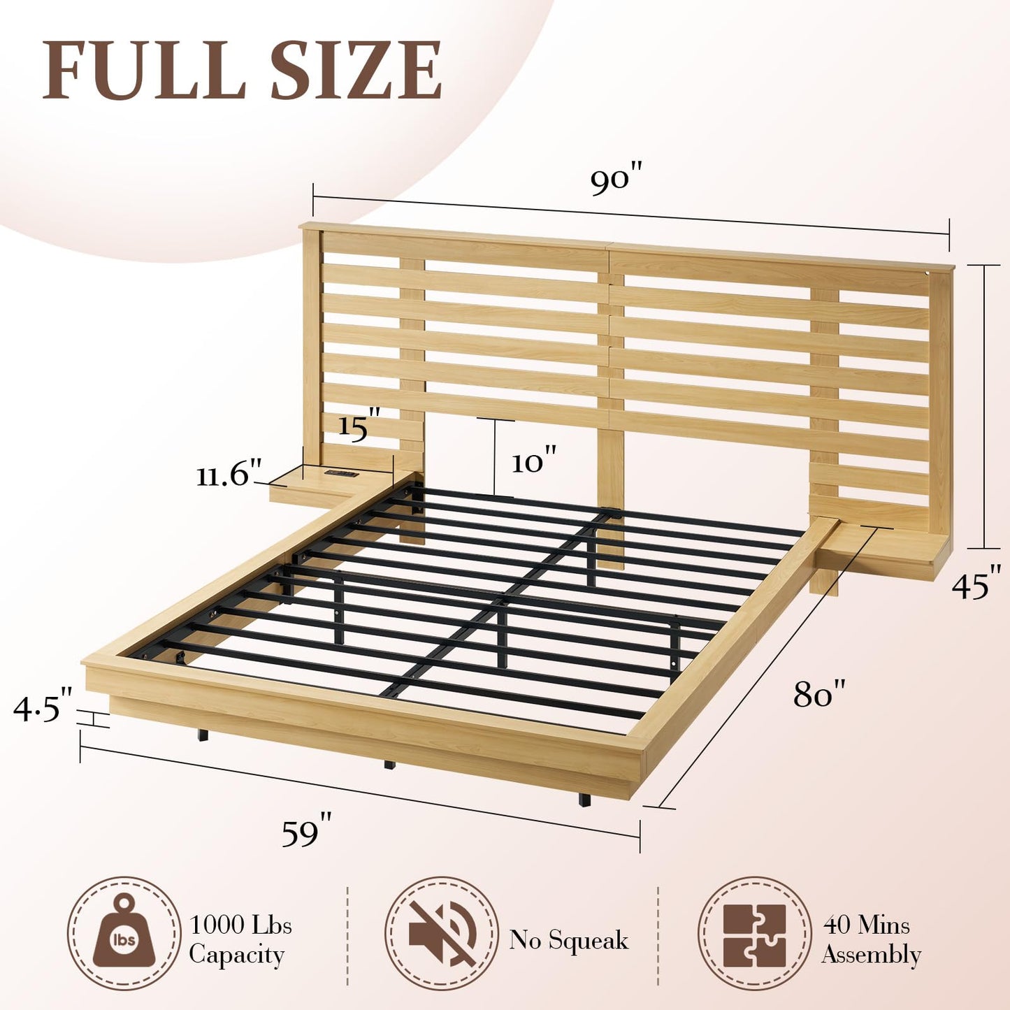 LUXOAK Maple Yellow Farmhouse Full Floating Bed Frame with LED Lighting & Charging Station - WoodArtSupply