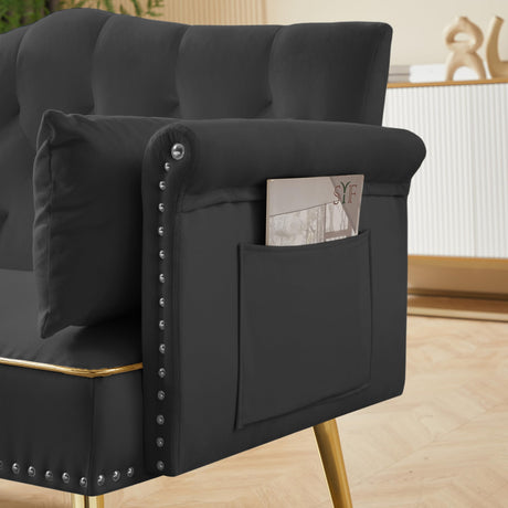 hansones 55-Inch Modern Velvet Loveseat Sofa with Gold Metal Legs & Side Pockets, Tufted Backrest, Perfect for Living Room, Bedroom, or Office (Black) hansones