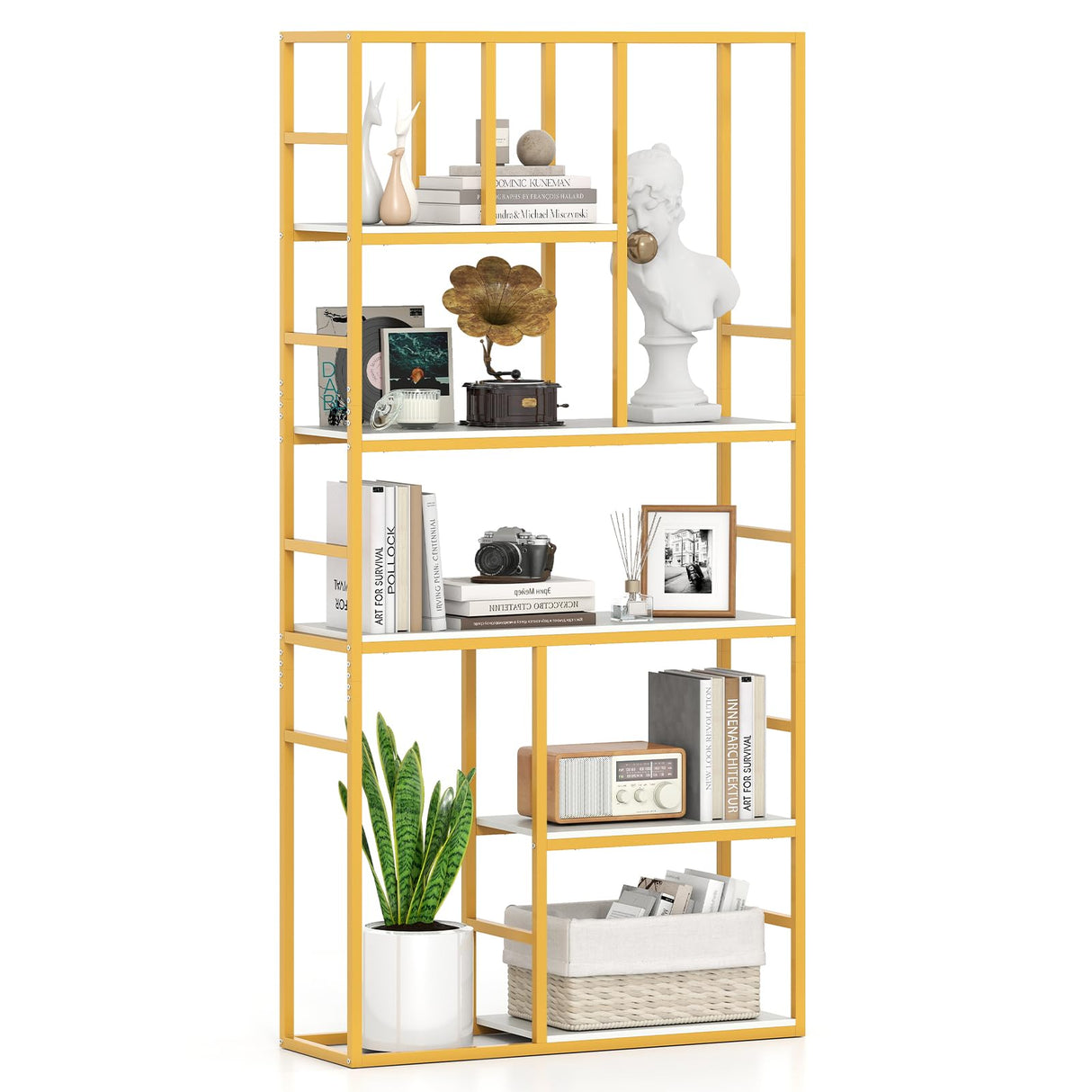 Tangkula 71” Tall Bookshelf, 5-Tier Geometric Bookcase with Open Display Shelf and Metal Frame, Freestanding Modern Storage Organizer for Living Room & Home Office (White, 71”H) Tangkula