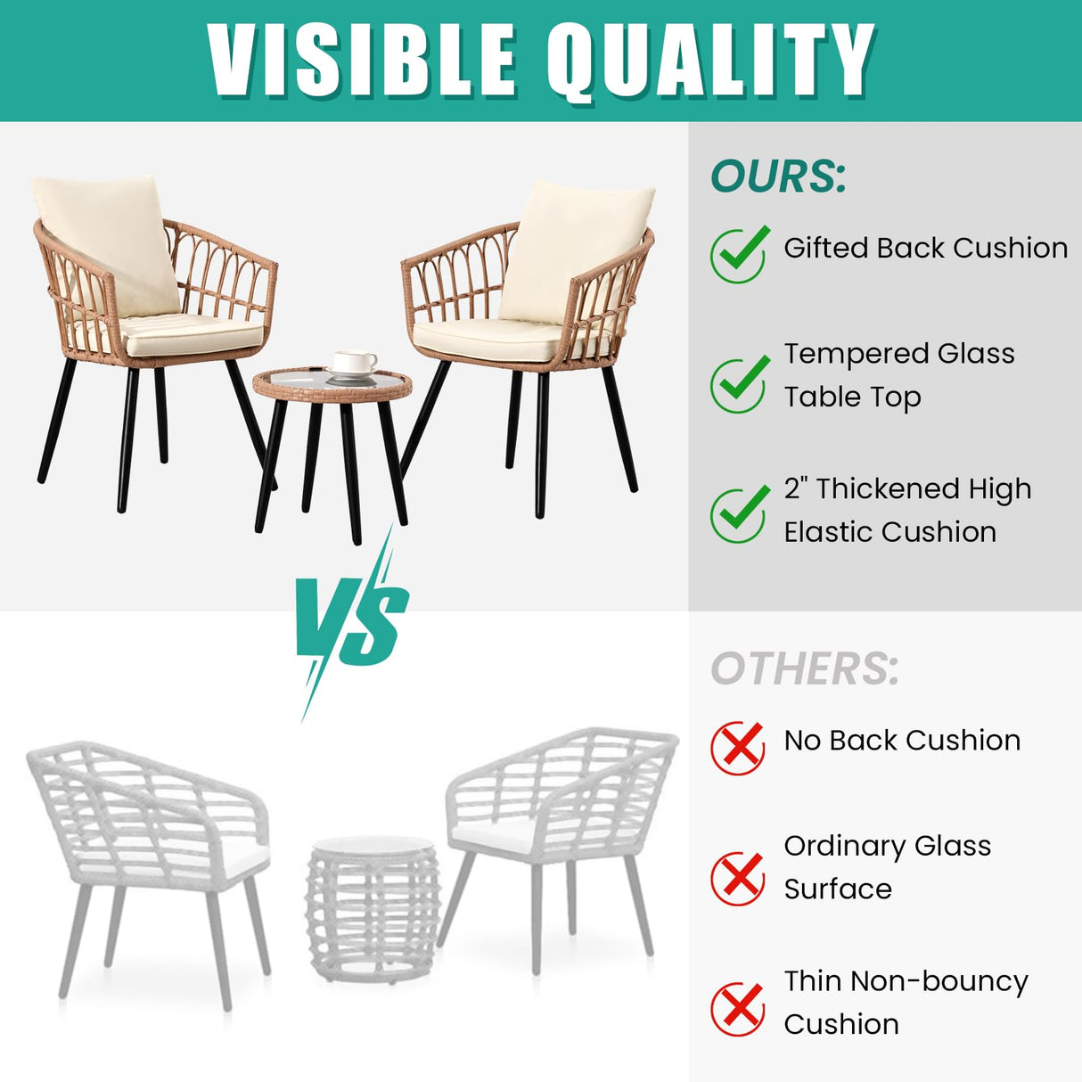 IJIALIFE 3 Pieces Patio Bistro Set, Outdoor Wicker Table and Chairs Set of 2, Rattan Balcony Furniture Set with Cushions for Front Porch Apartment Backyard Deck,Beige IJIALIFE
