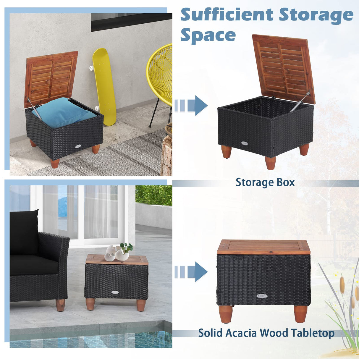 Tangkula 3 Pieces Patio Porch Furniture Set, PE Rattan Wicker Chair Conversation Set with Cushions and Storage Table, Outdoor Acacia Wood Bistro Set for Garden, Poolside (Black) Tangkula