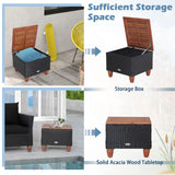 Tangkula 3 Pieces Patio Porch Furniture Set, PE Rattan Wicker Chair Conversation Set with Cushions and Storage Table, Outdoor Acacia Wood Bistro Set for Garden, Poolside (Black) Tangkula