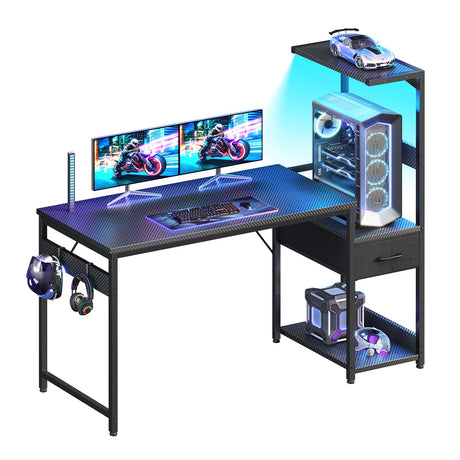 Casaottima 48 Inch Gaming Desk with Storage & LED Lights, Reversible Computer Desk with Display Shelves & Fabric Drawer, Modern Gamer Desk Table with Side Headphone Hook, Carbon Fiber Black Casaottima