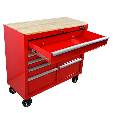 WTRAVEL Heavy Duty Rolling Tool Chest with 9-Drawer Wood Top Tool Cart Mechanic Tool Box with Wheels Tool Storage Cabinet Workbench High Capacity for Garage, Workshop, Repair Shop, Warehouse (Red) WTRAVEL