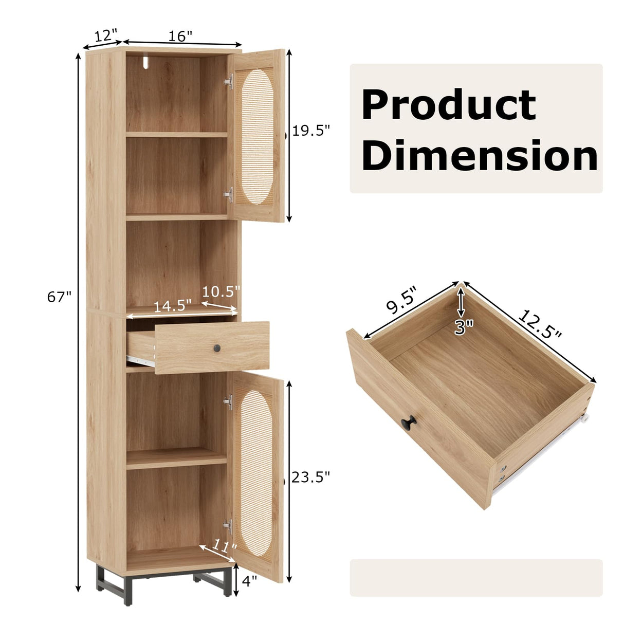 Tangkula 67" Tall Bathroom Storage Cabinet, Narrow Rattan Linen Tower with Doors, Adjustable Shelves & Drawer, Freestanding Floor Cabinet for Living Room, Kitchen, Dining Room, Office, Natural Tangkula