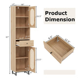 Tangkula 67" Tall Bathroom Storage Cabinet, Narrow Rattan Linen Tower with Doors, Adjustable Shelves & Drawer, Freestanding Floor Cabinet for Living Room, Kitchen, Dining Room, Office, Natural Tangkula