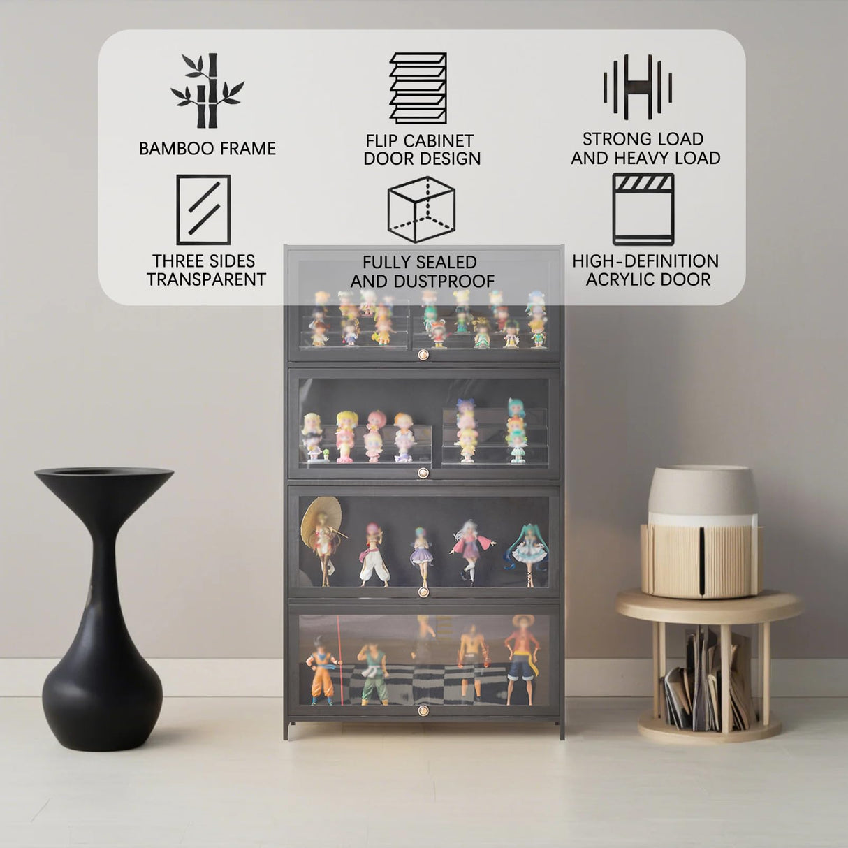 SAADHGG Small Display Cabinet with Acrylic Glass Doors, 4-Tier Curio Cabinet Figure Display Case Living Room Storage Cabinets with Doors and Shelves for Collectibles Toy,Gray,flip top Four Layer SAADHGG