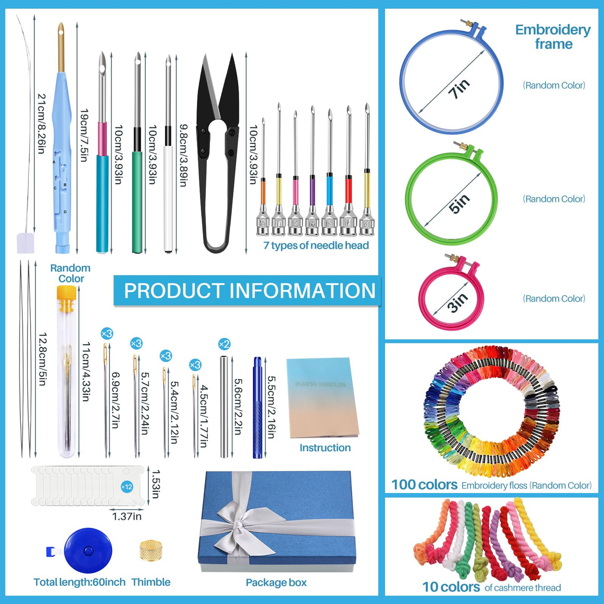 JUPEAN Punch Needle Embroidery Kits, 156 Pcs Punch Needle Tool, 110 Pcs Embroidery Thread and Hoops, Punch Needles Kit for Beginners JUPEAN