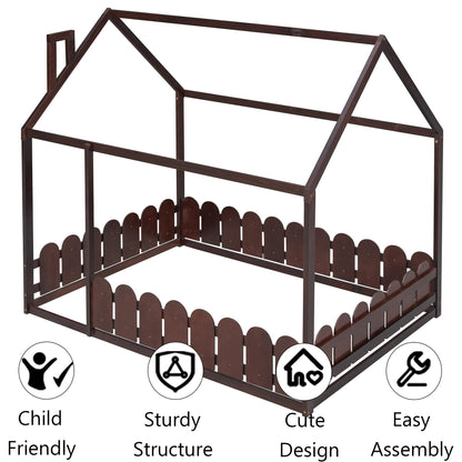 Harper & Bright Designs Montessori Full Size House Bed with Fence-Shaped Guardrails for Kids - Espresso - WoodArtSupply