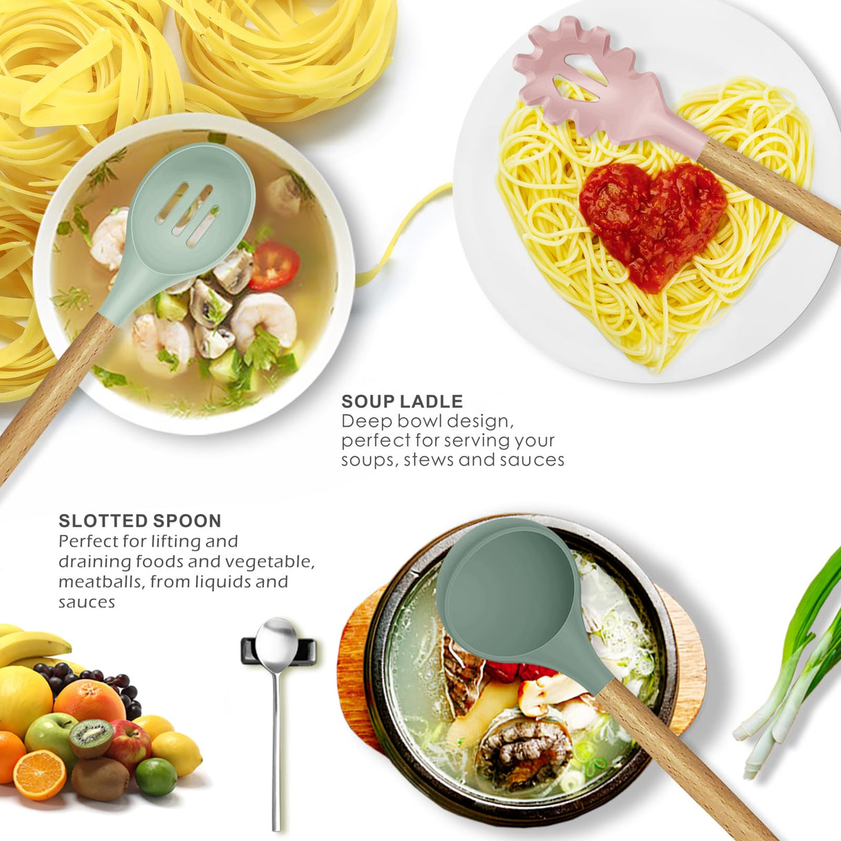 Silicone Cooking Utensils Set - 446°F Heat Resistant Silicone Kitchen Utensils for Cooking,Kitchen Utensil Spatula Set w Wooden Handles and Holder, BPA FREE Gadgets for Non-Stick Cookware (Colorful) oannao