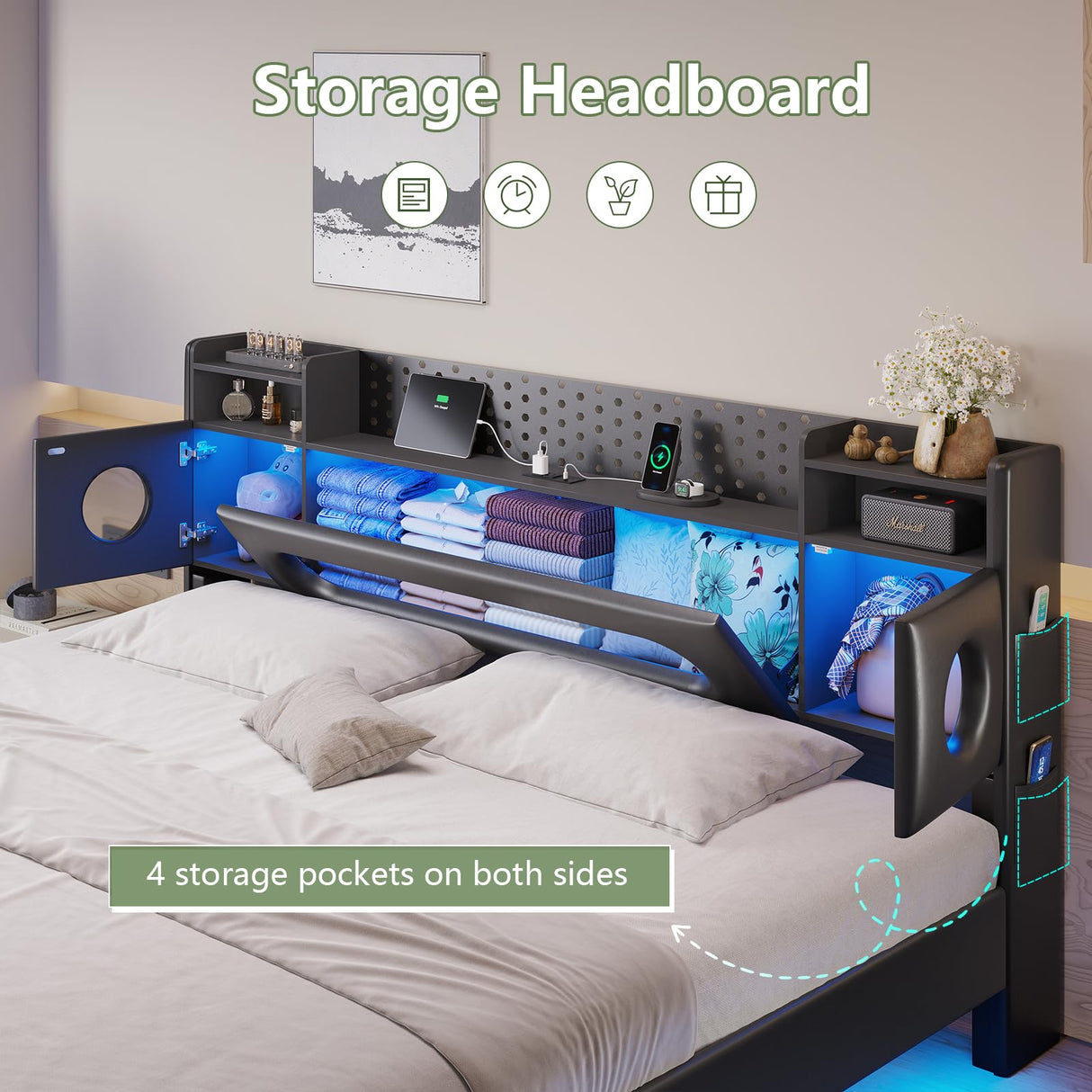 Dnxao Floating Bed Frame,King Bed Frame with Storage Headboard, King Platform Bed Frame with LED Lights and Charging Station, Noise Free, No Box Spring Needed,Quick Assembly,PU Black Dnxao