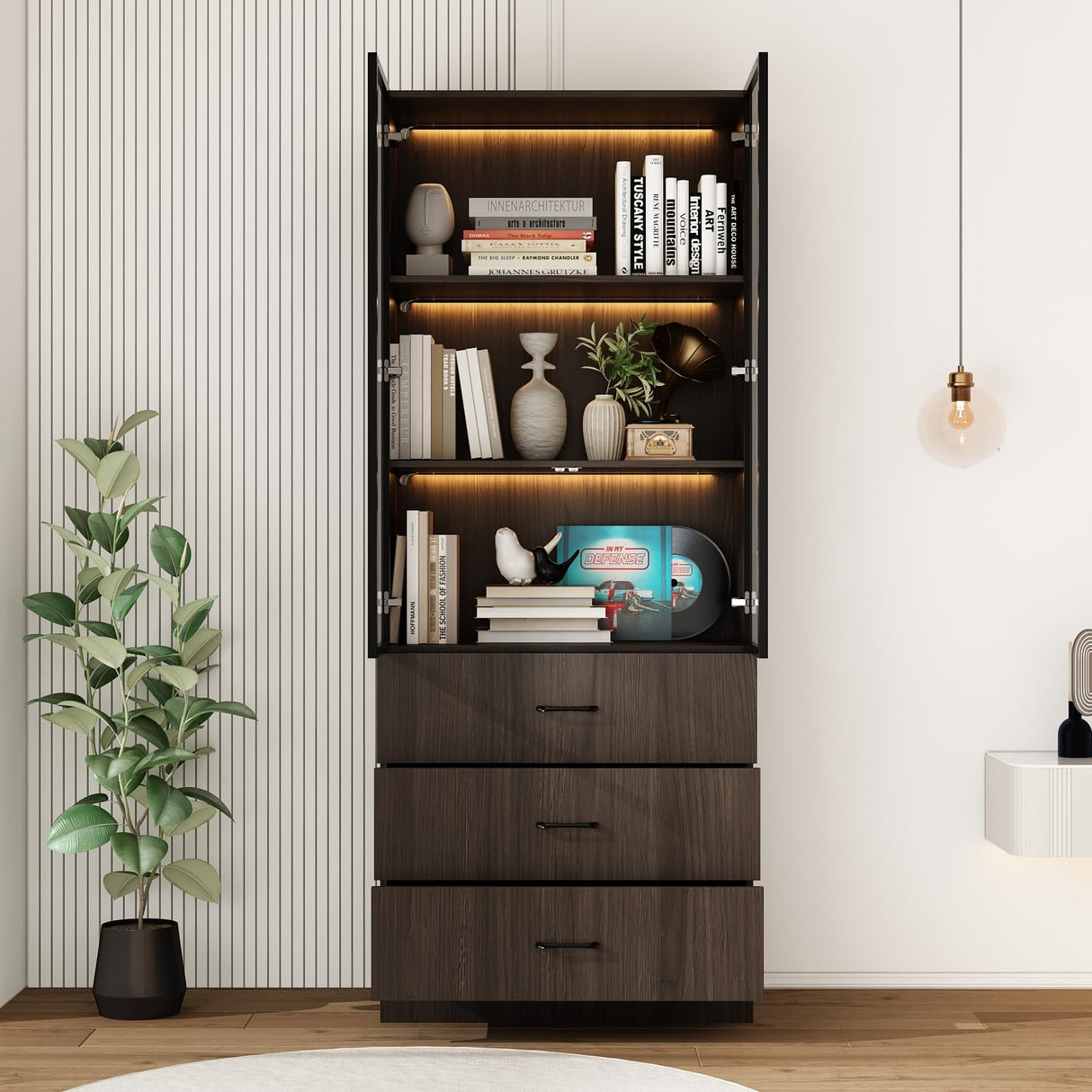 TAMUNE Display Cabinet with Glass Doors & Lights, Display Case with 3-Tier Shelves & 3 Drawers, Glass Storage Cabinet for Curio Trophy Living Room Office, Brown, 15.7”D x 31.5”W x 78.7”H TAMUNE