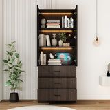 TAMUNE Display Cabinet with Glass Doors & Lights, Display Case with 3-Tier Shelves & 3 Drawers, Glass Storage Cabinet for Curio Trophy Living Room Office, Brown, 15.7”D x 31.5”W x 78.7”H TAMUNE