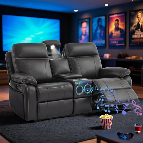 Neptane Power Reclining Loveseat with LED Reading Light/Bluetooth Speakers, Home Theater Seating Reclining Loveseeat with Console/Storage Drawer/Outlets, Power Loveseat Recliner Sofa (Black, Loveseat) Neptane