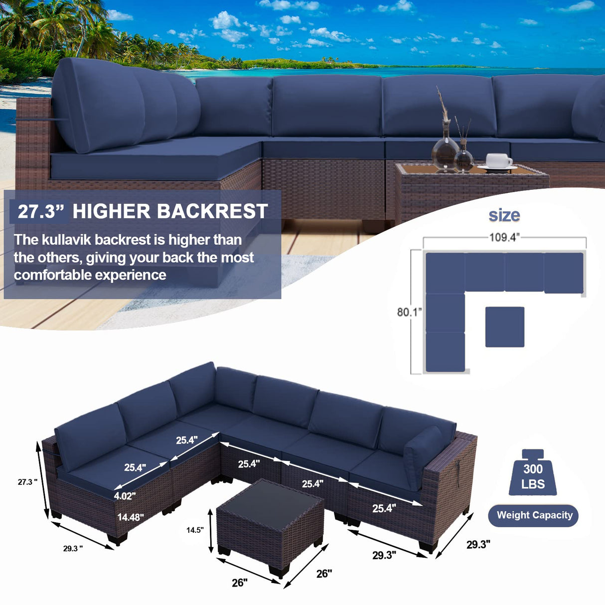 Kullavik 7 Pieces Outdoor Patio Furniture Set Sectional Rattan Sofa Brown Manual Wicker Patio Conversation Set with Navy Blue Cushions,1 Tempered Glass Tea Table and Cushions Covers Kullavik