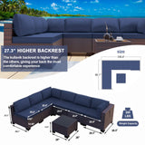 Kullavik 7 Pieces Outdoor Patio Furniture Set Sectional Rattan Sofa Brown Manual Wicker Patio Conversation Set with Navy Blue Cushions,1 Tempered Glass Tea Table and Cushions Covers Kullavik