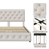 Full Size Bed Frame with 4 Storage Drawers and Adjustable Headboard, Upholstered Platform Bed with Button Tufted Design, Strong Wooden Slats Support, No Box Spring Needed, Fabric, Cream TTVIEW
