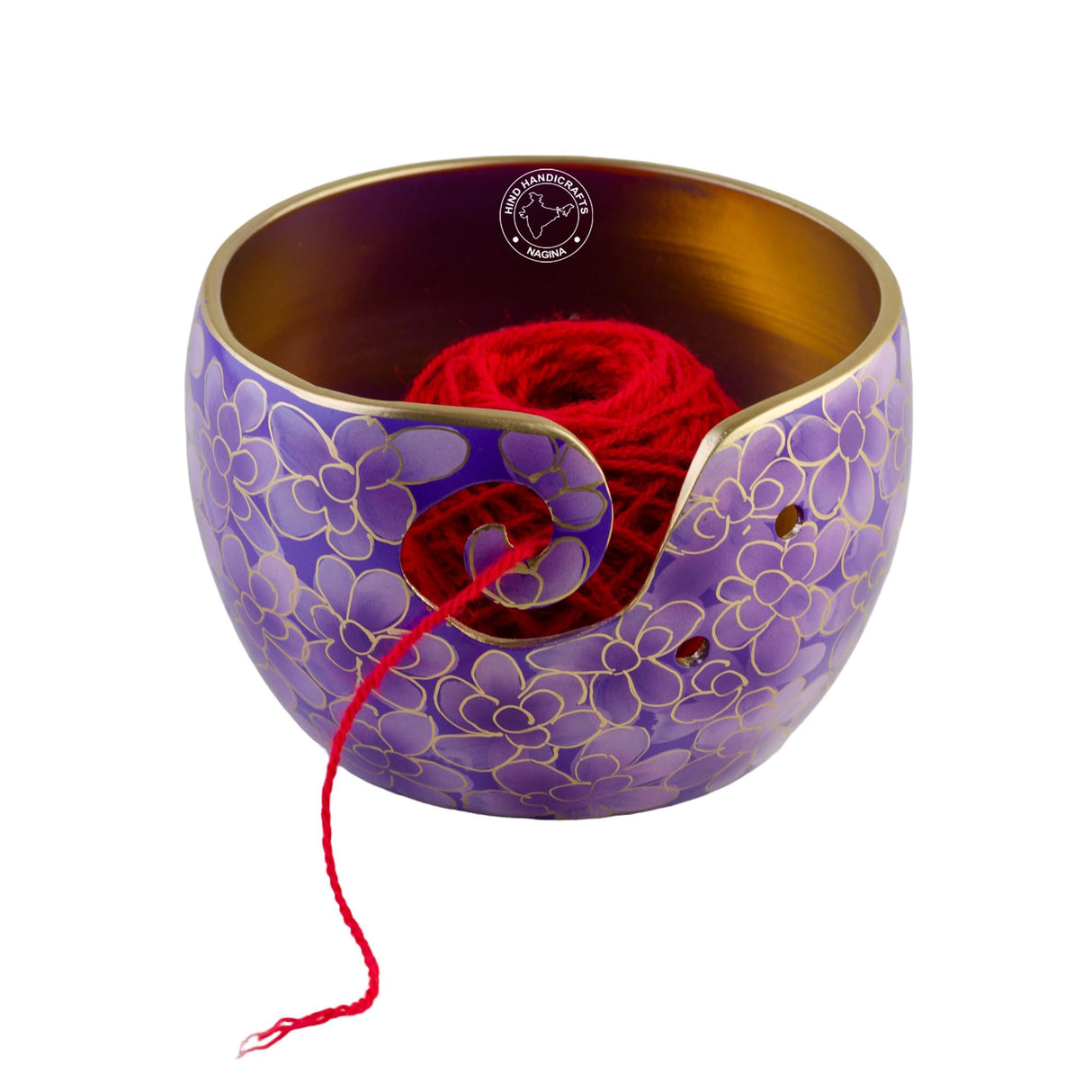 Hind Handicrafts Premium Solid Crafted Floral Metallic Finish Aluminium Portable Yarn Bowl Holder for Knitting Crochet Christmas Gift Set (6" x 6" x 4", Purple) Hind Handicrafts