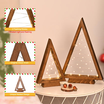 IBYO Wooden Christmas Tree Tabletop Christmas Tree with Lights Modern Farmhouse Christmas Decor Small Christmas Tree Mantle Christmas Decorations Holiday Decor Set of 2 (Large 14.3" Medium 10.2")