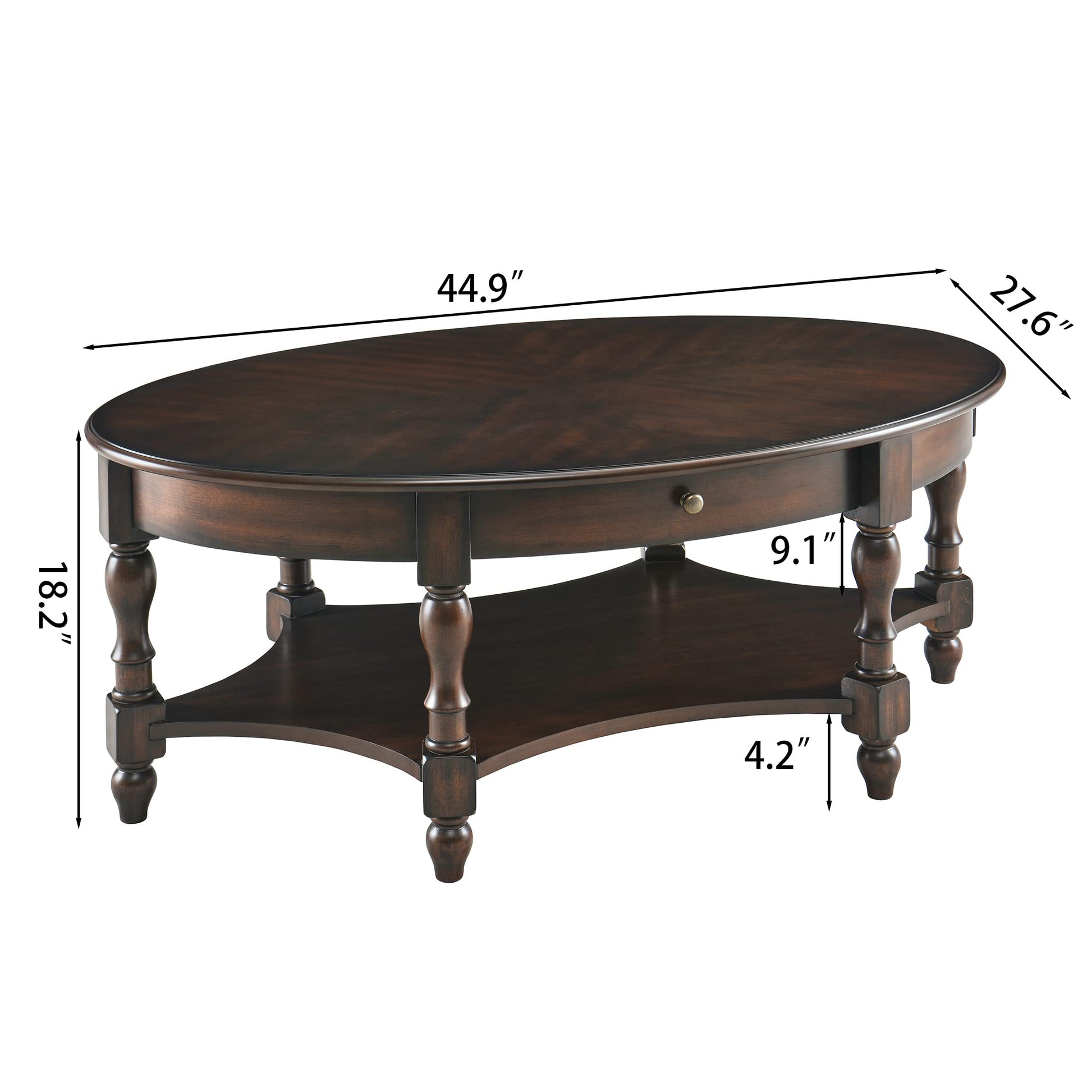 MODERION Coffee Table with Drawer, Solid Wood Oval Center Table with Storage Shelf, Traditional Living Room Table with Elegant Vintage Style, Easy Assembly, 45” x 27.6” x 18.2” Retro Walnut K - WoodArtSupply