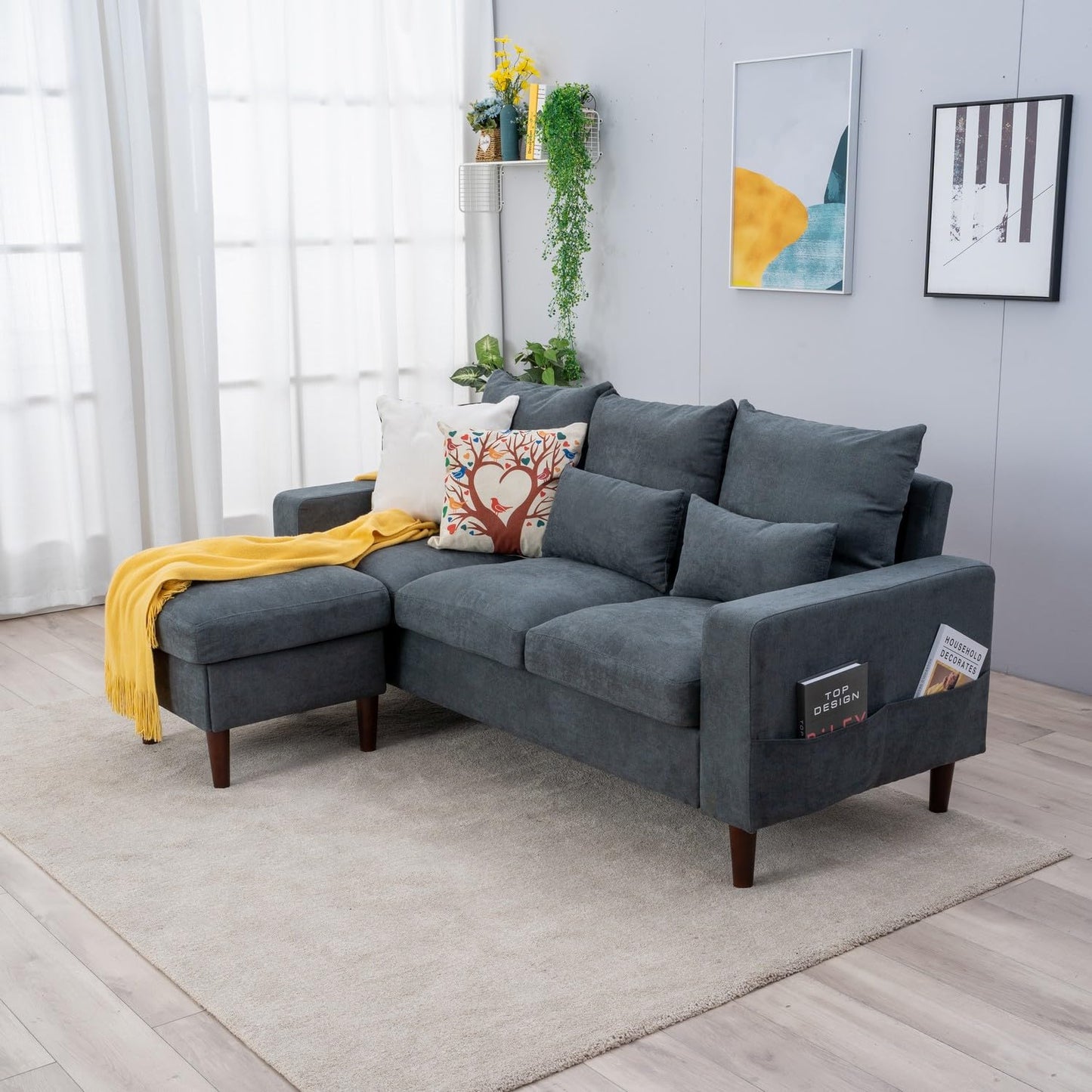 Panana Convertible Sectional Sofa Couch,L-Shaped, 2 or 3-Seat Sofa Sectional with Reversible Ottoman for Small Living Room, Apartment (Gray Linen Fabric, 3 Seater with Ottoman - Track arms)