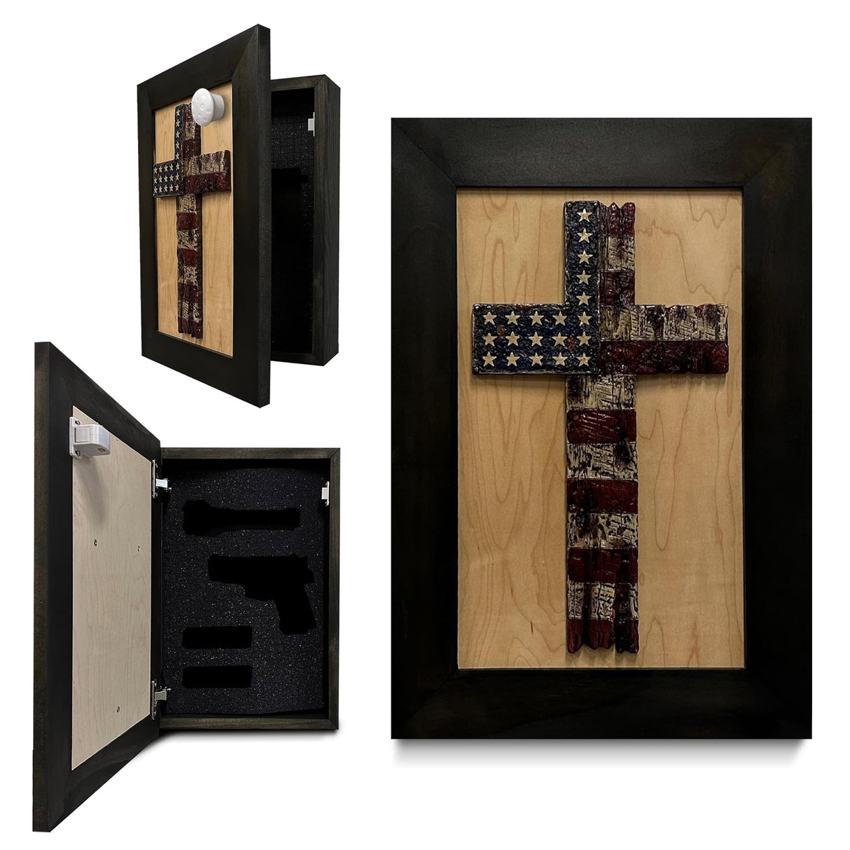 American Flag Cross Hidden Gun Shelf - Handcrafted Wall Mounted Gun Safe - Quick Access Concealment Shelf for Handguns - Hidden Gun Storage Wall Decor with Magnetic Lock By Bellewood Designs Bellewood Designs