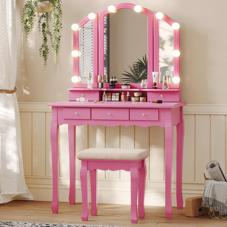 Tiptiper Vanity Desk with Tri-Fold Mirror and Lights, Makeup Vanity with Wood Upholstered Stool, Vanity Table with 5 Drawers & 8 Jewelry Hooks, Small Vanity, Pink Tiptiper