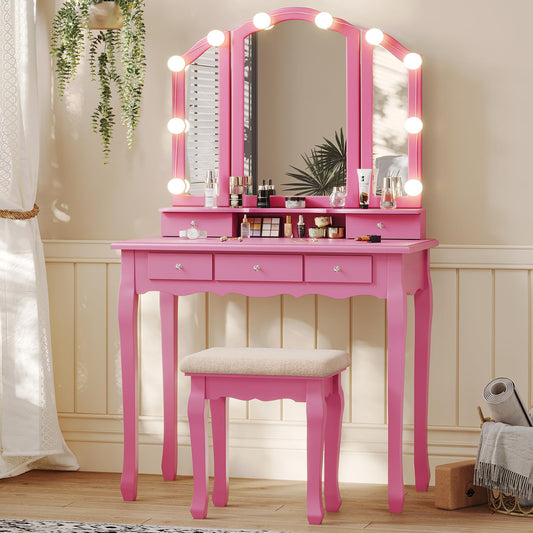 Tiptiper Vanity Desk with Tri-Fold Mirror and Lights, Makeup Vanity with Wood Upholstered Stool, Vanity Table with 5 Drawers & 8 Jewelry Hooks, Small Vanity, Pink