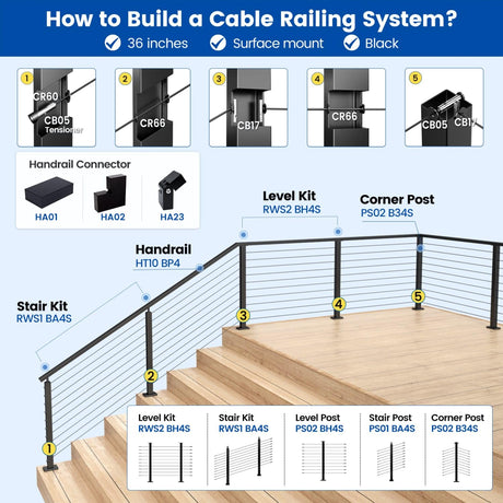 Muzata Black Stair Cable Railing Post 36 Inch for 25-35 Degrees Stair 36"x2"x2" Surface Mount T304 Stainless Steel Cable Railing System Kit Indoor Outdoor with Paper User Guide PS01 BA4S Muzata