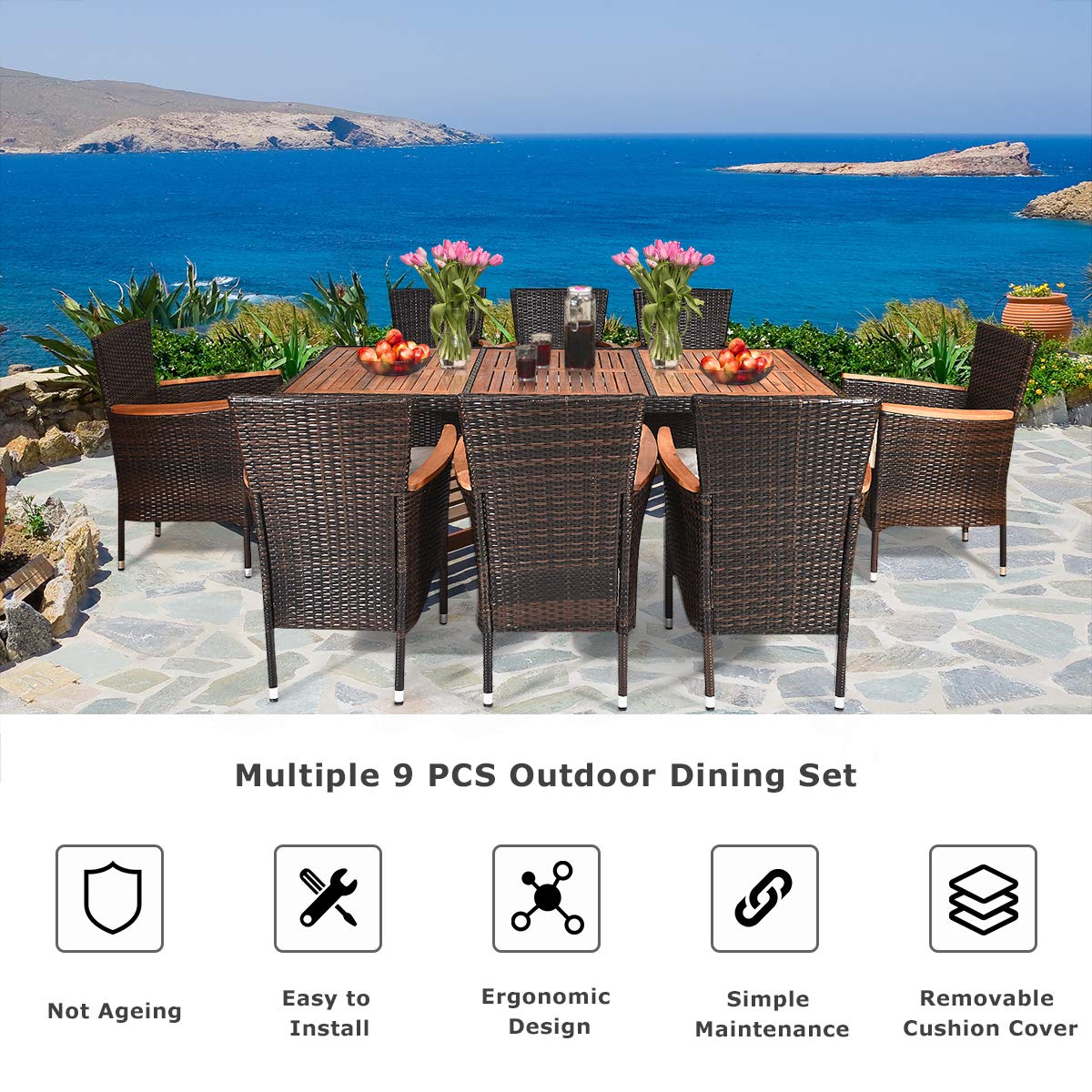 Tangkula 9 Piece Outdoor Dining Set, Garden Patio Wicker Set w/Cushions, Furniture with Acacia Wood Table and Stackable Armrest Chairs - WoodArtSupply