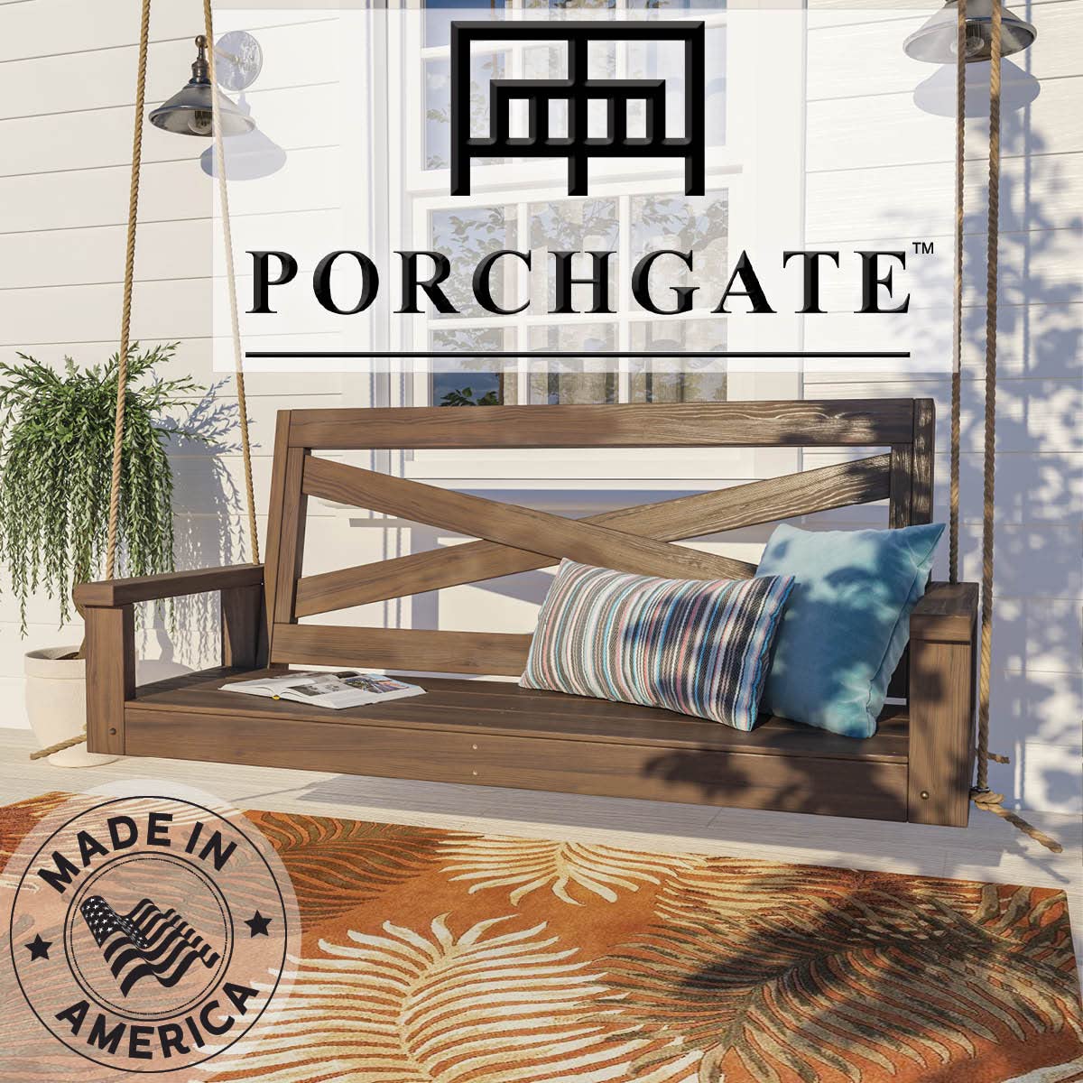 Porchgate Amish Heavy Duty 700 Lb Boardwalk Porch Swing W/Ropes (4 Foot, Warm Walnut Stain) Porchgate