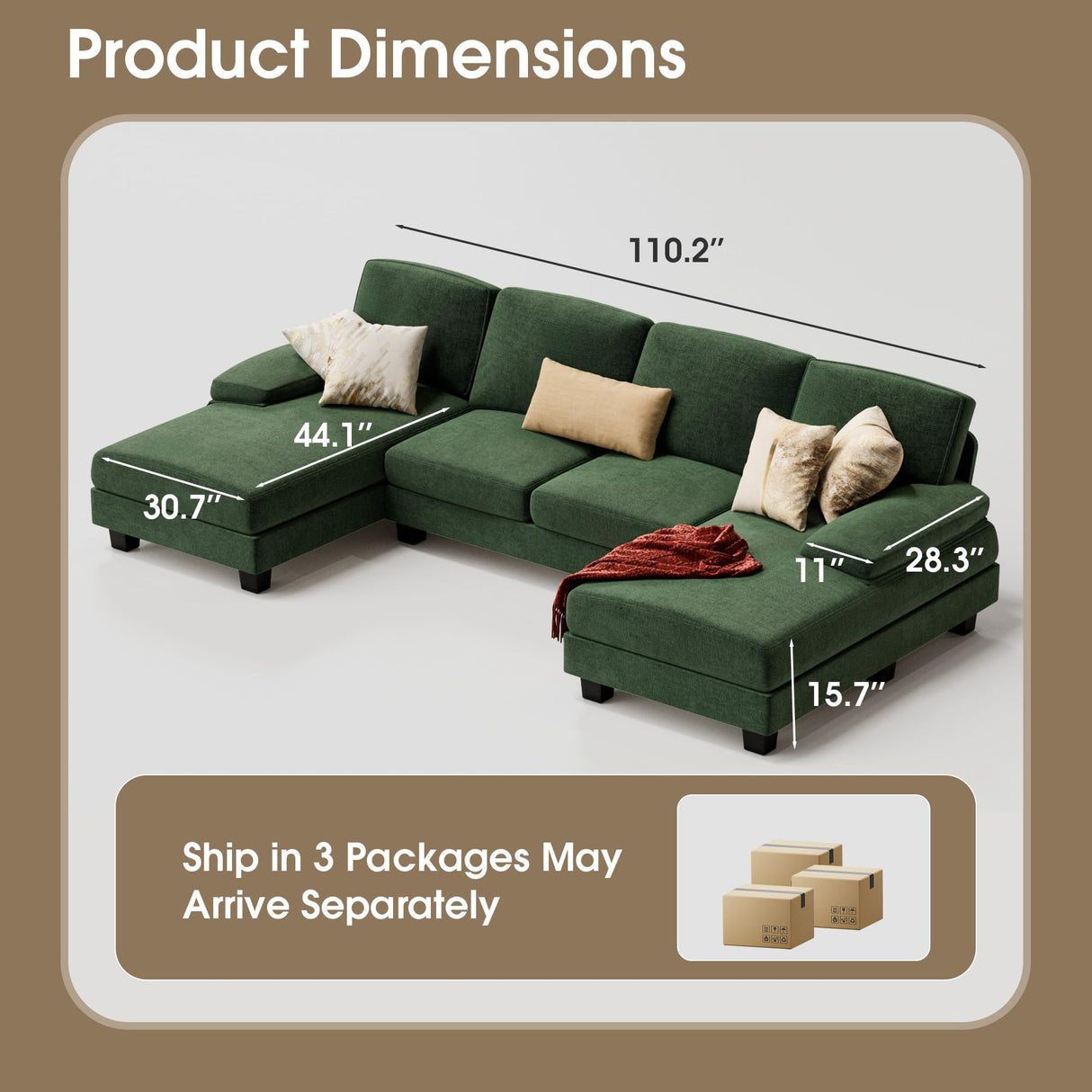 Furmax Sectional Couches for Living Room, U-Shaped Sofa Couch with Linen Fabric, 4 Seat Sofa Set with Double Chaise for Apartment (Fabric, Green) Furmax