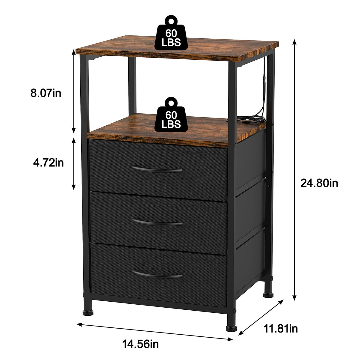 Dicasser Nightstand with Drawers, Bedside Table with Open Shelf, Nightstand with LED, Small Side Table for Small Spaces, Night Stand Storage Shelf for Bedroom, Brown and Black Dicasser