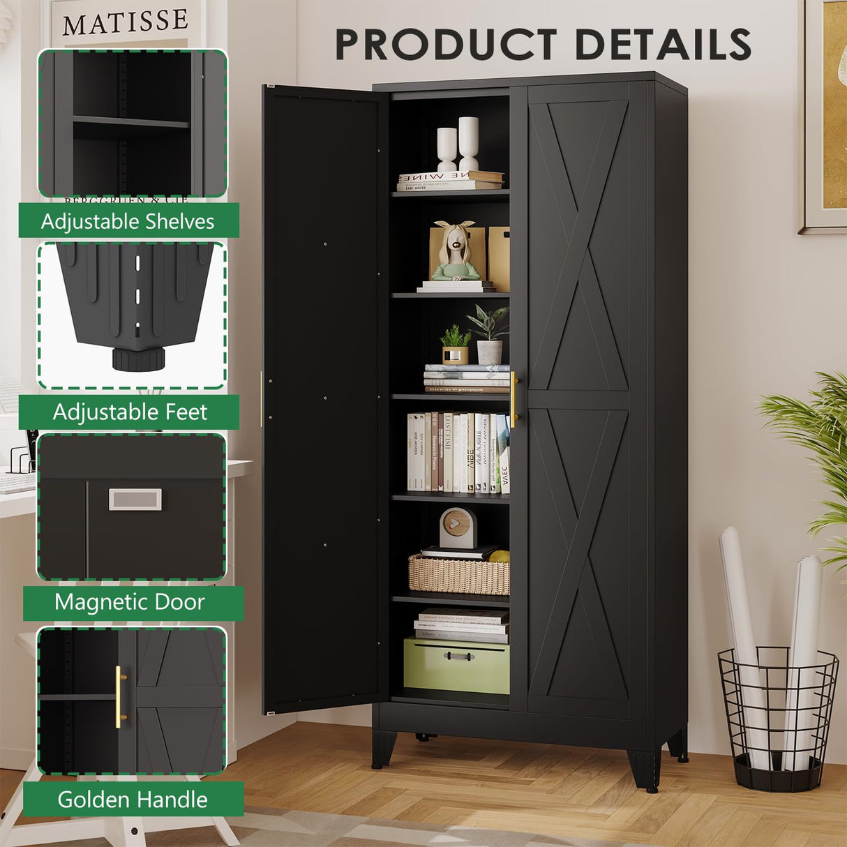 75" Tall Metal Kitchen Pantry Storage Cabinet with 2 Doors and 5 Adjustable Shelves, White Food Freestanding Cupboard for Kitchen, Dining Room, Bathroom and Garage (Black) pozdeg