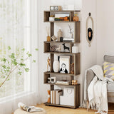 SILKYDRY 6 Tier Geometric Bookshelf, S Shaped Bookshelf with Anti-toppling Kits, Freestanding Room Divider Bookcase, 64" Tall Staggered Display Shelf for Living Room Bedroom (2, Walnut) SILKYDRY