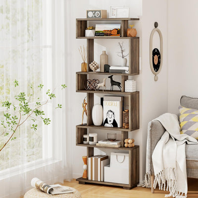 Tangkula 6-Tier S Shaped Bookcase, 64" Tall Modern Geometric Bookshelf with Anti-Tipping Kit, Home Office Freestanding Decorative Storage Display Shelf Room Divider for Living Room Study (1, Walnut)