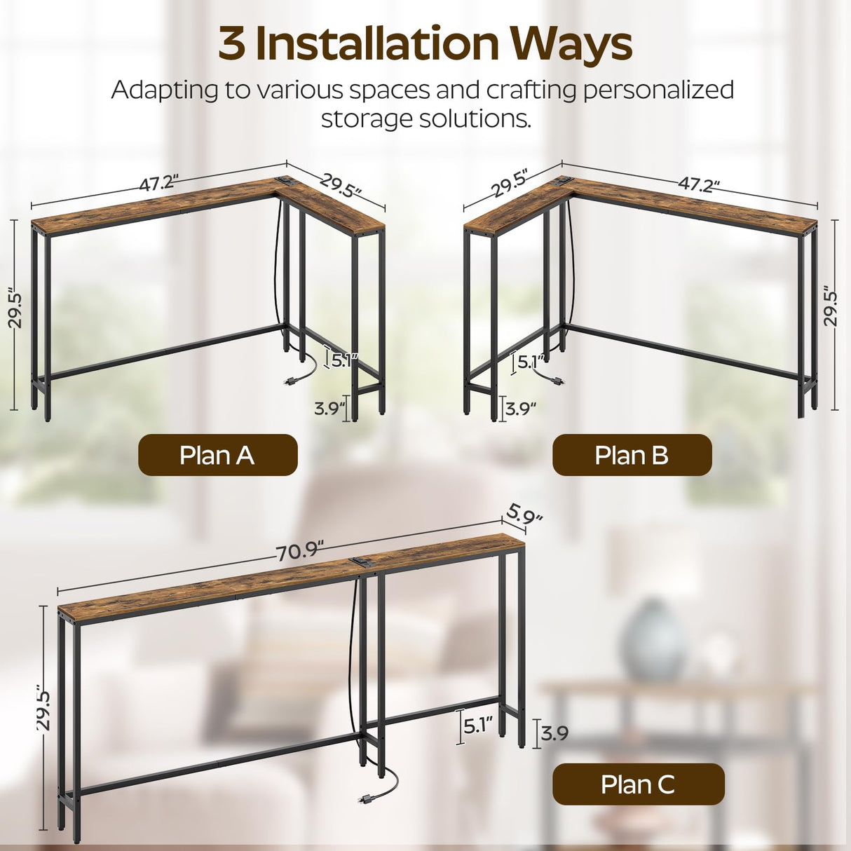 YATINEY L Shaped Console Table, 5.9" Long Narrow Sofa Table, Behind Couch Table, Entryway Table with 2 Outlets and 2 USB Ports, for Living Room, Hallway, 3 Assembly Options, Rustic Brown CT07UBR YATINEY