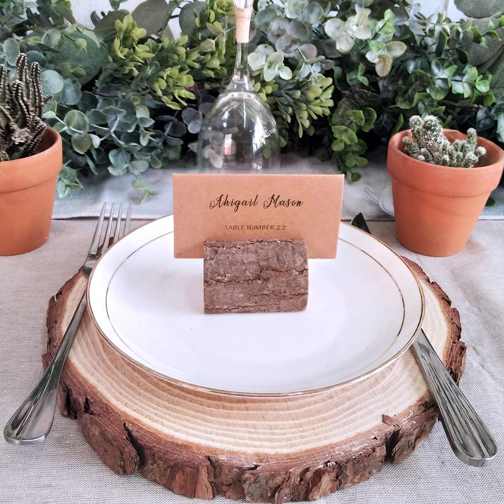 Supla 20 Pcs Rustic Wood Place Card Holders Wooden Table Numbers Holder Stand Wooden Bark Memo Holder Card Photo Picture Note Clip Holders and Kraft Place Cards Bulk Wedding Party Table Number Sign Supla