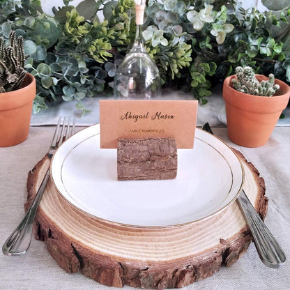 Supla 20 Pcs Rustic Wood Place Card Holders Wooden Table Numbers Holder Stand Wooden Bark Memo Holder Card Photo Picture Note Clip Holders and Kraft Place Cards Bulk Wedding Party Table Numbe - WoodArtSupply