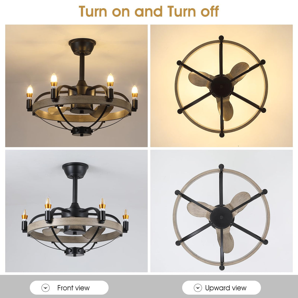 MADSHNE 23" Black Candle Ceiling Fan with Lights Remote Control,Modern Rustic Farmhouse Ceiling Fan,Bladeless Caged Ceiling Fan with Light,Reversible, 6004M MADSHNE