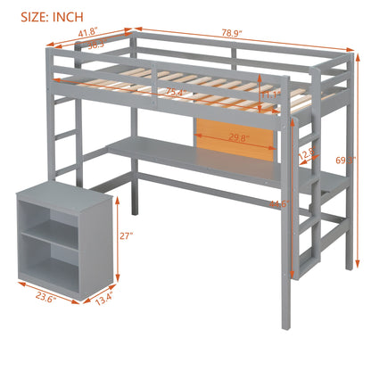 Merax Grey Twin Loft Bed with Desk and Storage – Sturdy Wooden Frame with Writing Board and Dual Ladder Design - WoodArtSupply