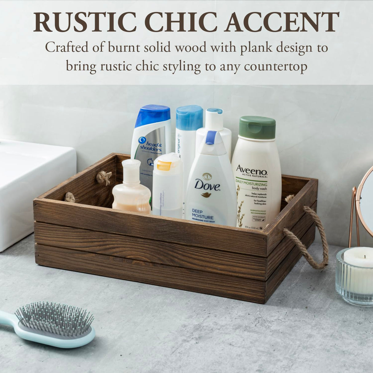 MyGift 15 Inch Large Rustic Brown Solid Wood Decorative Storage Box with Rope Carrying Handles, Country Style Wooden Crate, Farmhouse Pallet Design Open Top Bin MyGift