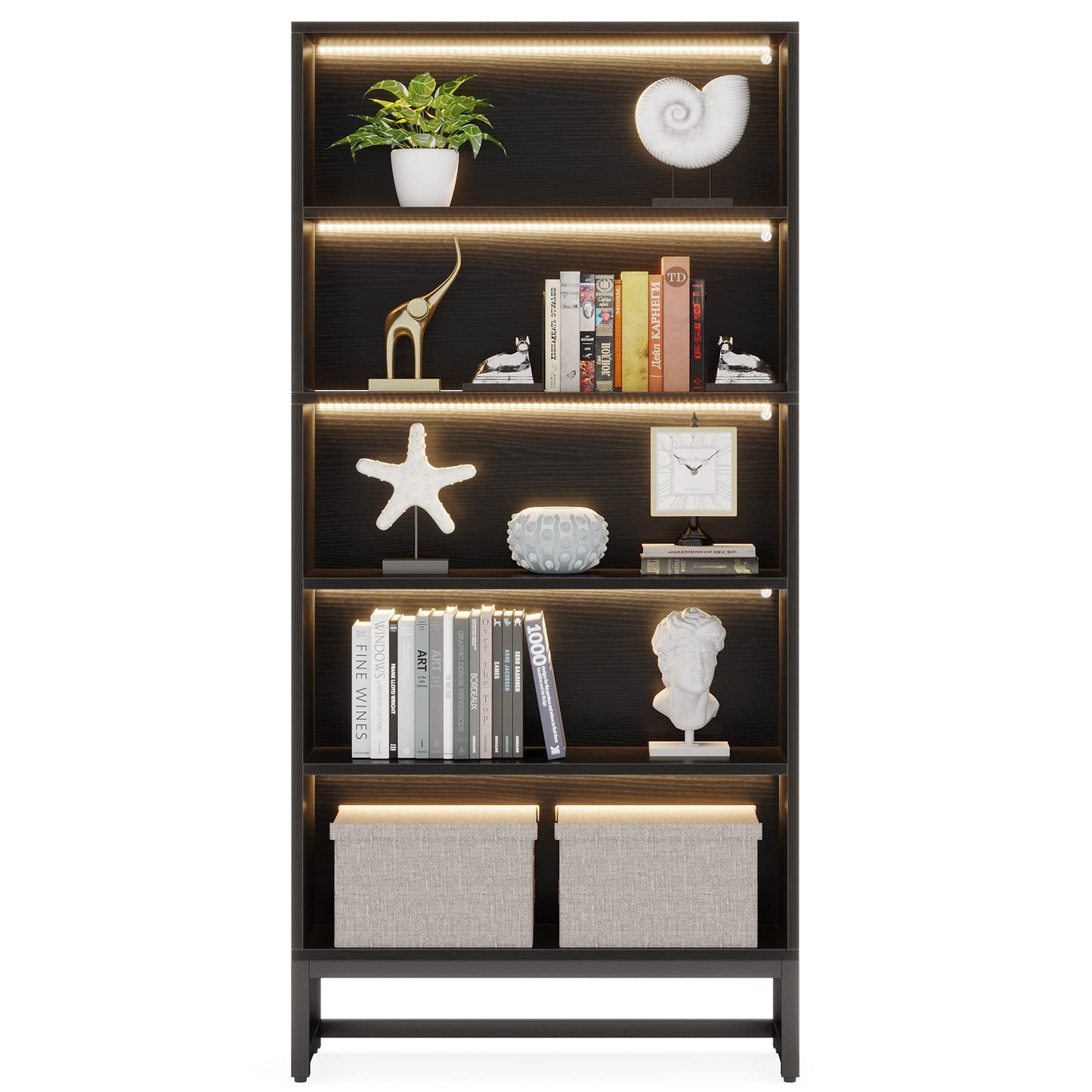 LITTLE TREE 70.8 Inch Tall LED Bookcase with Closed Back – Modern 5-Tier Bookshelf for Living Room and Bedroom Storage - WoodArtSupply