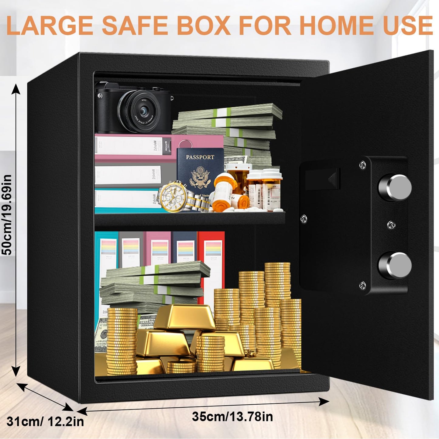 3.0 Cuft Large Fire proof Safes for Home Use, Digital Personal Security Safe Box with Programmable Keypad and Spare Keys, Fireproof Document Safe for Money Firearms Medicine Valuables