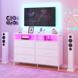 Dresser for bedroom, Fabric White Bedroom Dresser with LED Lights and Charging Station, 6 Long Drawers Dresser, Tall Wide Chest of Drawers Storage Organizer TV Stand for up to 60" TV for Living Room SOOWERY